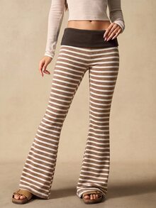 VARSIVA Women's Casual Striped Flared Pants With Waist Fold Over Leggings - Multicolor - View 5