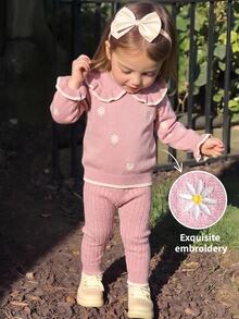 SHEIN Baby Girl Knitted Peter Pan Collar Long Sleeve Loose Pullover Sweater And Autumn Winter Pants 2 Pieces Set - Pink - View 5