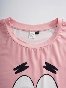 SpongeBob SquarePants | SHEIN Women's Cartoon Print Short Sleeve Top And Shorts Pajama Set - Pink - View 3