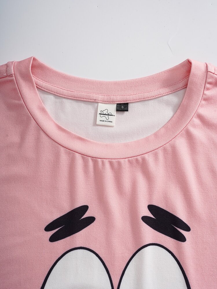 SpongeBob SquarePants | SHEIN Women's Cartoon Print Short Sleeve Top And Shorts Pajama Set - Pink - View 3