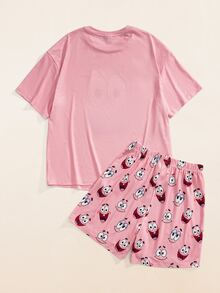 SpongeBob SquarePants | SHEIN Women's Cartoon Print Short Sleeve Top And Shorts Pajama Set - Pink - View 2