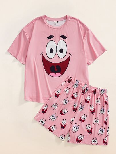 SpongeBob SquarePants | SHEIN 여성용 카툰 프린트 반팔 탑 및 반바지 파자마 세트