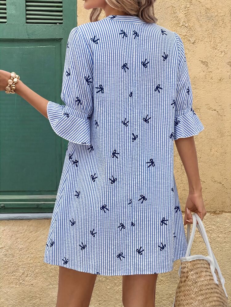 SHEIN Clasi Women's Notched Neck Cutout Short Sleeve Ruffle Hem Loose Textured Fabric Striped Bow Print Elegant Casual Vacation Dress, Spring/Summer,Casual Dresses For Women - Blue - View 2