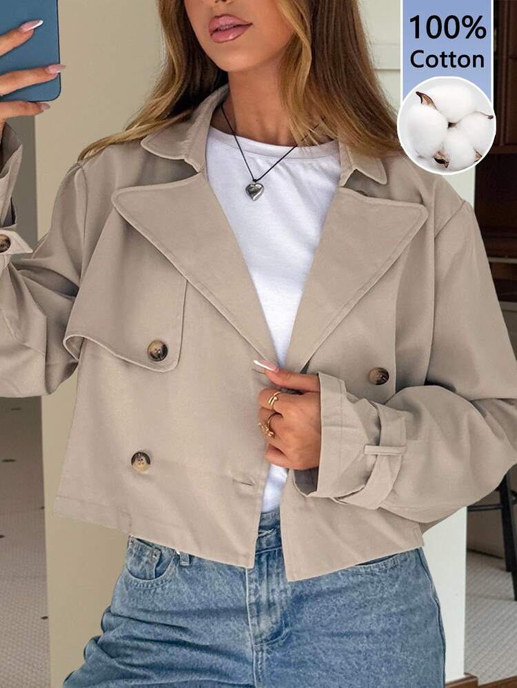 SHEIN EZwear Women's Khaki Solid Color Double-Breasted Cropped