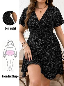 SHEIN LUNE CURVE 时尚休闲度假复古V领荷叶边裹身裙 - 黑色 - 查看 1