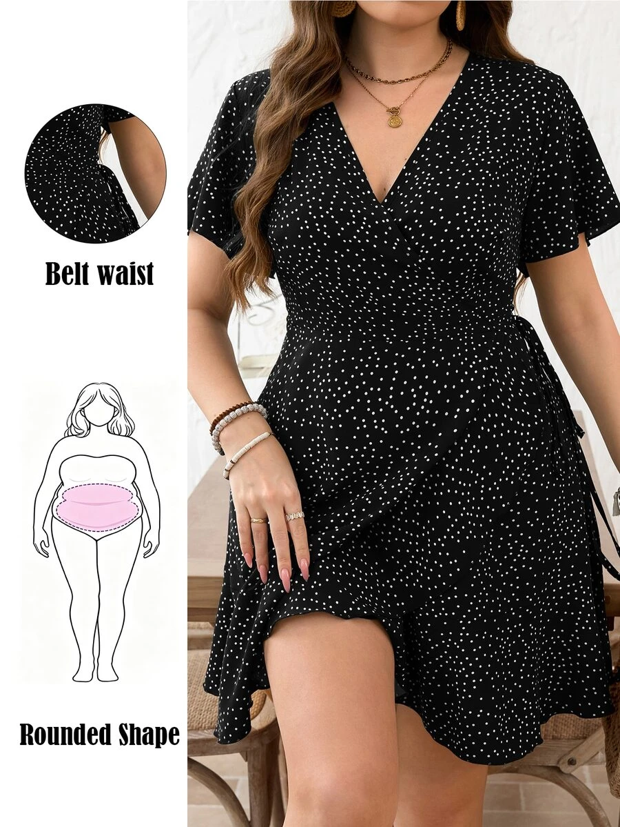 SHEIN LUNE CURVE 时尚休闲度假复古V领荷叶边裹身裙 - 黑色 - 查看 1