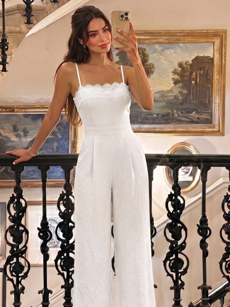 Skyraze Women's Lace Patchwork Jumpsuit, Square Neck Sleeveless