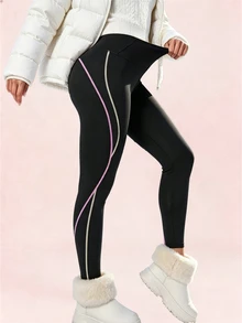 Easithlete Autumn/Winter Thermal Lined Thickened Colorblock Stitching Sports Leggings - Black - View 5