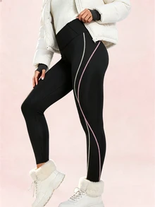 Easithlete Autumn/Winter Thermal Lined Thickened Colorblock Stitching Sports Leggings - Black - View 6