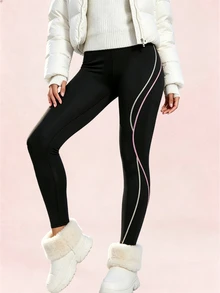 Easithlete Autumn/Winter Thermal Lined Thickened Colorblock Stitching Sports Leggings - Black - View 7