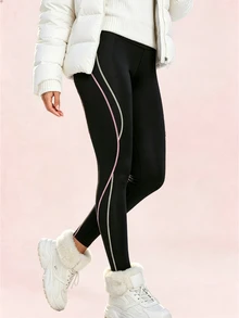 Easithlete Autumn/Winter Thermal Lined Thickened Colorblock Stitching Sports Leggings - Black - View 3