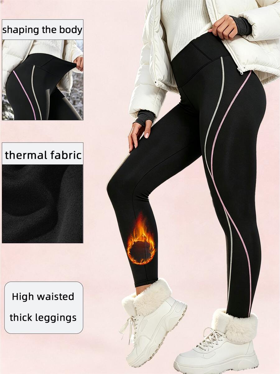 Easithlete Autumn/Winter Thermal Lined Thickened Colorblock Stitching Sports Leggings - Black - View 1
