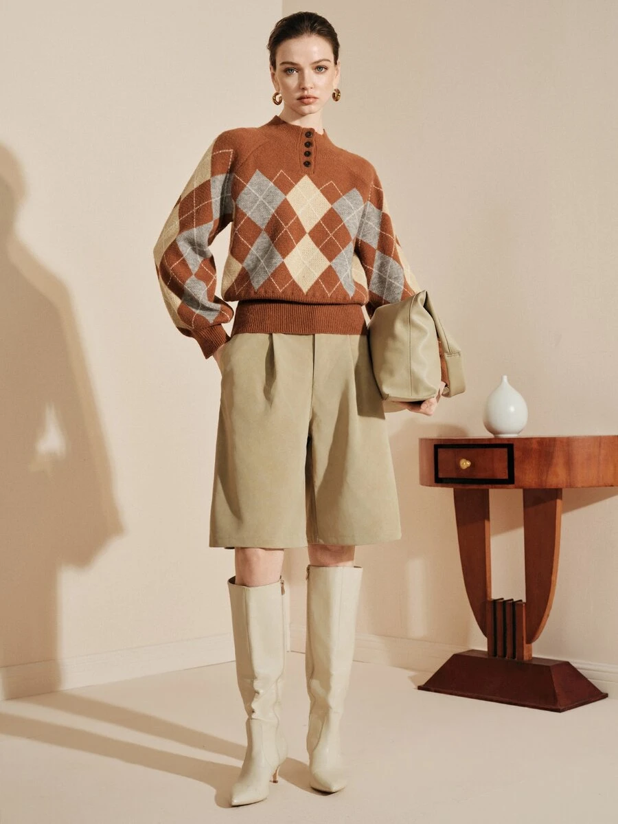 Arave Women Knit Sweater Loose Raglan Drop Shoulder Ribbed Half High Neck Button Contrast Vintage Preppy Brown Beige Grey Argyle Autumn Clothes Thanksgiving - Multicolor - View 1