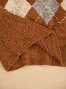 Arave Women Knit Sweater Loose Raglan Drop Shoulder Ribbed Half High Neck Button Contrast Vintage Preppy Brown Beige Grey Argyle Autumn Clothes Thanksgiving - Multicolor - View 8