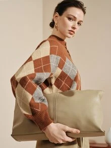 Arave Women Knit Sweater Loose Raglan Drop Shoulder Ribbed Half High Neck Button Contrast Vintage Preppy Brown Beige Grey Argyle Autumn Clothes Thanksgiving - Multicolor - View 2