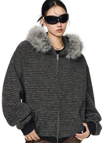 SHEIN 秋冬季青少年女孩連帽拉鍊夾克－混搭街頭風，防寒針織面料，適合秋冬穿著，微鬆版型預留成長空間，校園與街頭穿搭，瞬間變身活力女孩！ - 黑色 - 查看 1