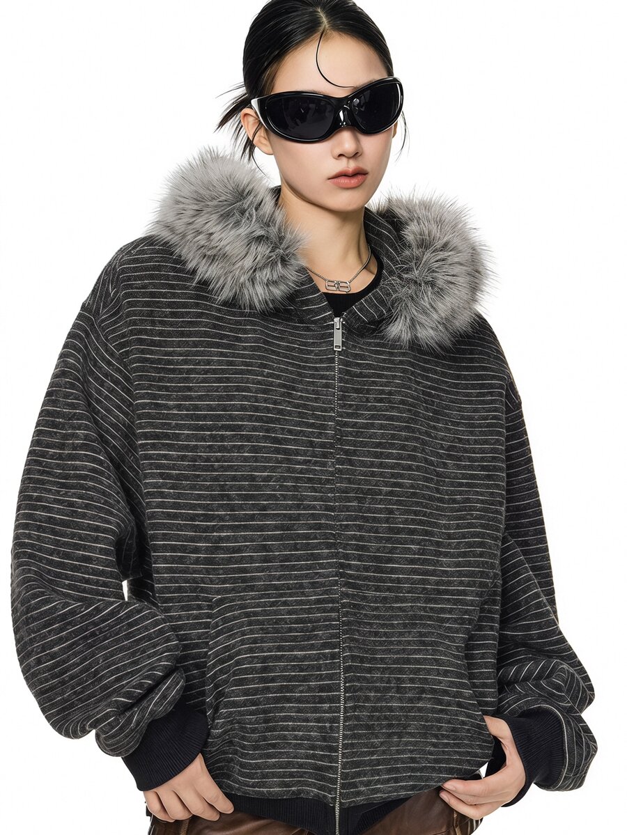 SHEIN 秋冬季青少年女孩連帽拉鍊夾克-混搭街頭風,防寒針織面料,適合秋冬穿著,微鬆版型預留成長空間,校園與街頭穿搭,瞬間變身活力女孩! - 黑色 - 查看 1