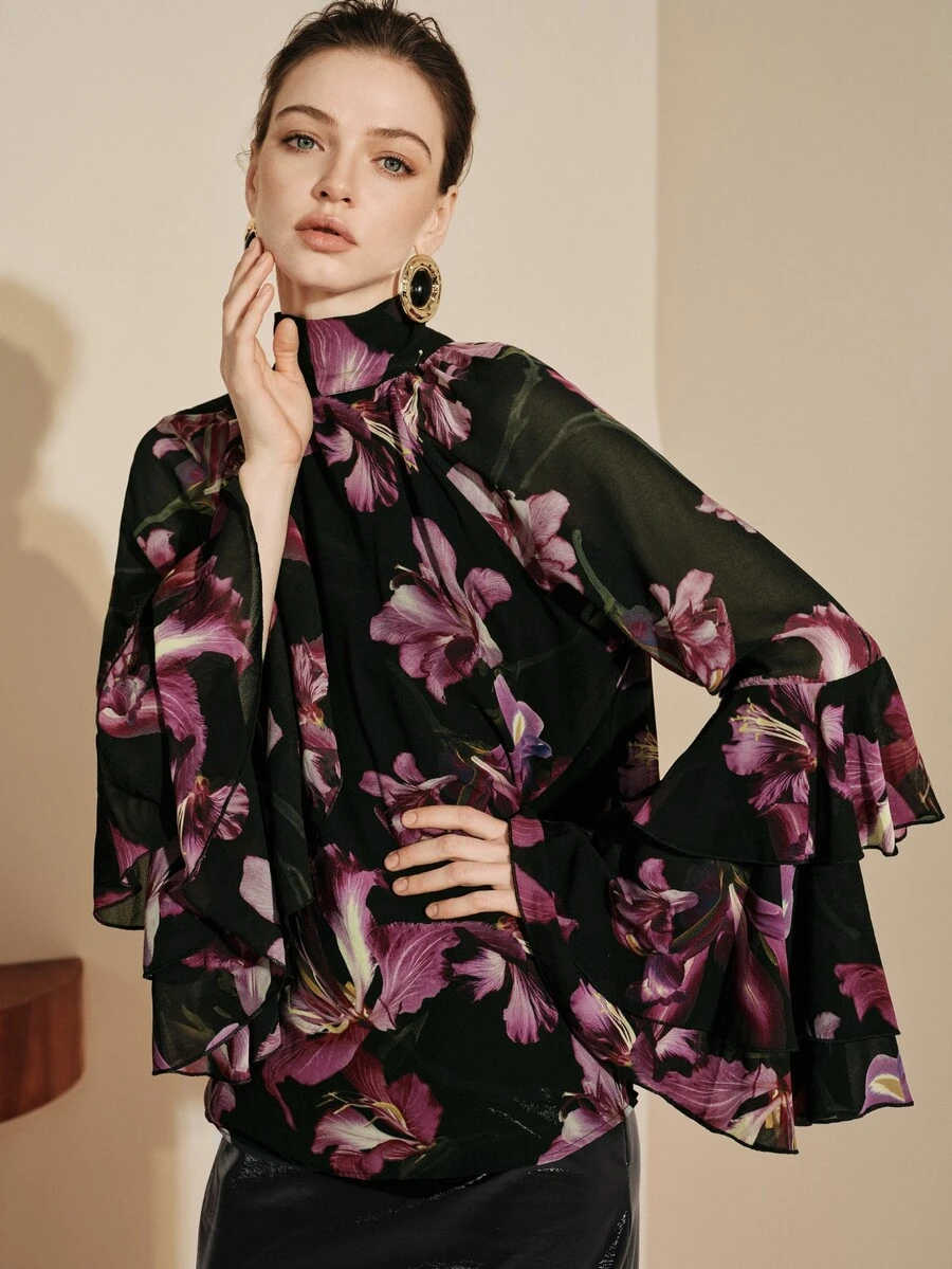 Arave Women's Semi-Sheer Chiffon Drop Shoulder H-Line Blouse With Positioned Floral Pleated Bow Collar And Ruffle Sleeve Design For Daily Commute - Black - View 1