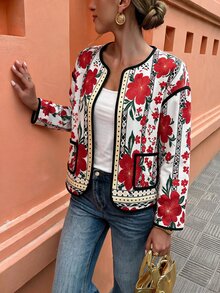 Flora Isola Flora Isola Floral Print Contrast Binding Open Front Coat - Red - View 1