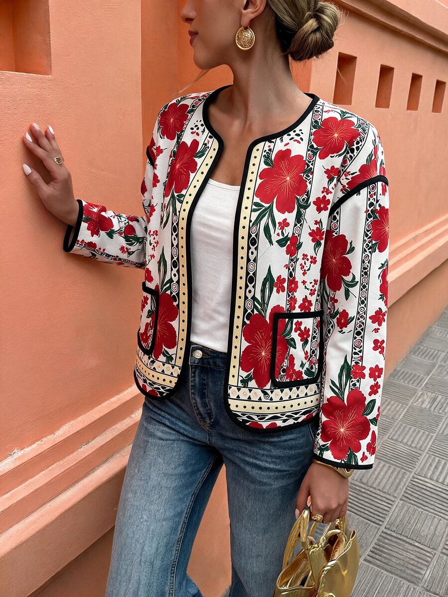 Flora Isola Flora Isola Floral Print Contrast Binding Open Front Coat - Red - View 1