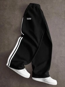 SHEIN 兒童青少年男孩休閒條紋織帶長褲 黑色運動長褲 極簡百搭 Y2K下身款 SS26 外出穿搭 夏季短褲 春夏秋三季適用 戶外穿著 旅遊度假 家庭聚會 運動 生日派對 - 黑色 - 查看 5
