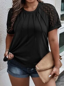 Weeklong Plus Contrast Lace Raglan Sleeve Tee BASICS - Black - View 6