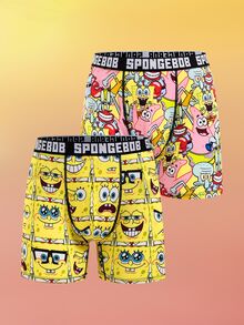 SpongeBob SquarePants | SHEIN 男士字母和卡通图案平角内裤，可爱内裤 - 黃色 - 查看 6