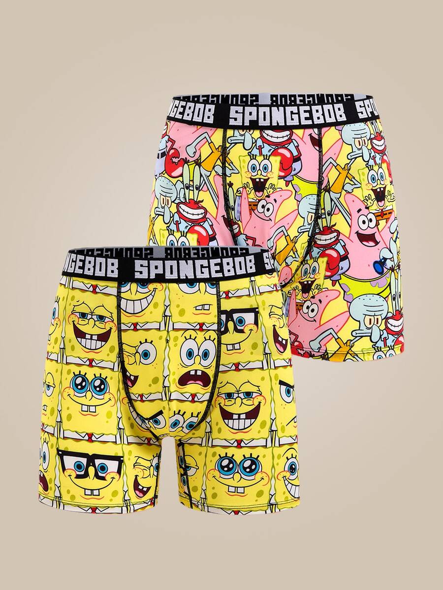 SpongeBob SquarePants | SHEIN 男士字母和卡通图案平角内裤,可爱内裤 - 黃色 - 查看 1