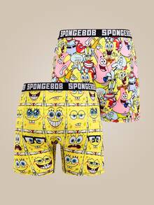 SpongeBob SquarePants | SHEIN 男士字母和卡通图案平角内裤，可爱内裤 - 黃色 - 查看 2