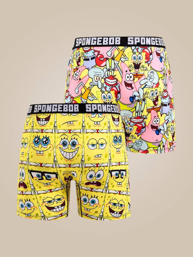 SpongeBob SquarePants | SHEIN 2pcs Men's Letter & Cartoon Pattern Boxer Briefs, Cute Underwear, Funny Underwear Men Cartoon Boxers Graphic Boxers - Yellow - View 2