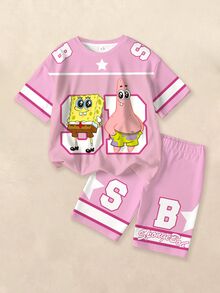 SpongeBob SquarePants | SHEIN 少女撞色卡通字母印花圆领短袖T恤和短裤套装 - 白色 - 查看 1