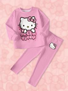 HELLO KITTY AND FRIENDS | SHEIN 女童卡通印花圓領長袖運動衫與內搭褲套裝 - 白色 - 查看 1