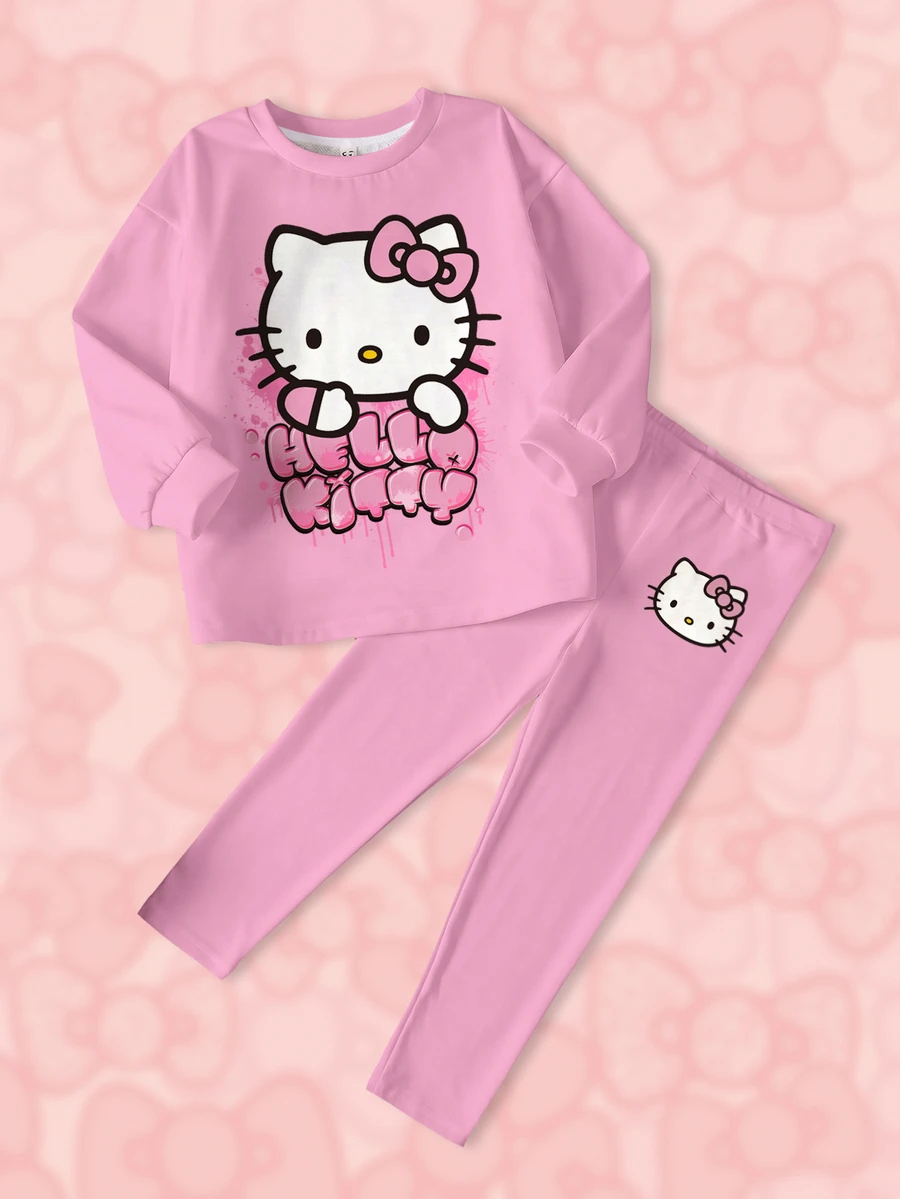 HELLO KITTY AND FRIENDS | SHEIN 女童卡通印花圓領長袖運動衫與內搭褲套裝 - 白色 - 查看 1