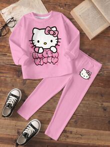 HELLO KITTY AND FRIENDS | SHEIN 女童卡通印花圓領長袖運動衫與內搭褲套裝 - 白色 - 查看 7