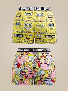 SpongeBob SquarePants | SHEIN Celana Pendek Wanita Nyaman dengan Motif Kartun dan Pita Huruf - Kuning - View 2