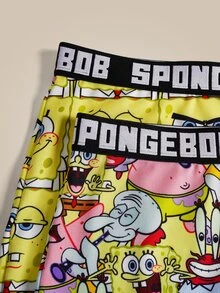 SpongeBob SquarePants | SHEIN Celana Pendek Wanita Nyaman dengan Motif Kartun dan Pita Huruf - Kuning - View 6