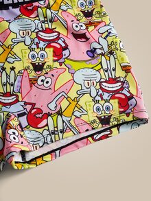 SpongeBob SquarePants | SHEIN Celana Pendek Wanita Nyaman dengan Motif Kartun dan Pita Huruf - Kuning - View 7