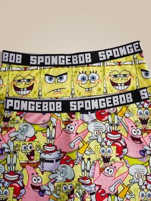 SpongeBob SquarePants | SHEIN Celana Pendek Wanita Nyaman dengan Motif Kartun dan Pita Huruf - Kuning - View 3