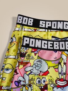 SpongeBob SquarePants | SHEIN Celana Pendek Wanita Nyaman dengan Motif Kartun dan Pita Huruf - Kuning - View 4