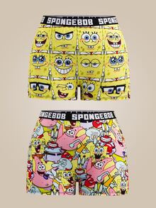 SpongeBob SquarePants | SHEIN Celana Pendek Wanita Nyaman dengan Motif Kartun dan Pita Huruf - Kuning - View 1