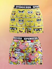 SpongeBob SquarePants | SHEIN Celana Pendek Wanita Nyaman dengan Motif Kartun dan Pita Huruf - Kuning - View 9