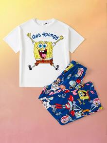 SpongeBob SquarePants | SHEIN Women's Cute Cartoon Letter Print Short Sleeve Top And Pants Pajama Set, Suitable For Summer, Spring, Autumn - Multicolor - View 7