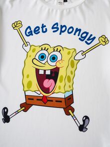 SpongeBob SquarePants | SHEIN Women's Cute Cartoon Letter Print Short Sleeve Top And Pants Pajama Set, Suitable For Summer, Spring, Autumn - Multicolor - View 4
