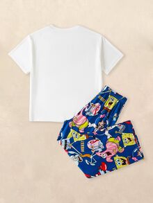 SpongeBob SquarePants | SHEIN Women's Cute Cartoon Letter Print Short Sleeve Top And Pants Pajama Set, Suitable For Summer, Spring, Autumn - Multicolor - View 2