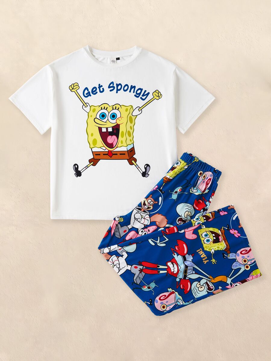 SpongeBob SquarePants | SHEIN Women's Cute Cartoon Letter Print Short Sleeve Top And Pants Pajama Set, Suitable For Summer, Spring, Autumn - Multicolor - View 1