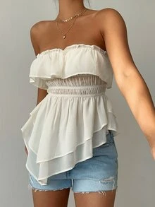 Aloruh Women's New Elegant Romantic Fashion Apricot Ruffle Hem Artistic Ruched Bandeau Top, Suitable For Wedding, Daily Wear, Date - Apricot - View 5