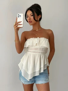 Aloruh Women's New Elegant Romantic Fashion Apricot Ruffle Hem Artistic Ruched Bandeau Top, Suitable For Wedding, Daily Wear, Date - Apricot - View 2