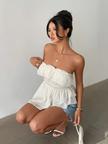 Aloruh Women's New Elegant Romantic Fashion Apricot Ruffle Hem Artistic Ruched Bandeau Top, Suitable For Wedding, Daily Wear, Date - Apricot - View 7