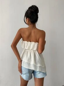Aloruh Women's New Elegant Romantic Fashion Apricot Ruffle Hem Artistic Ruched Bandeau Top, Suitable For Wedding, Daily Wear, Date - Apricot - View 3