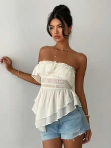 Aloruh Women's New Elegant Romantic Fashion Apricot Ruffle Hem Artistic Ruched Bandeau Top, Suitable For Wedding, Daily Wear, Date - Apricot - View 4
